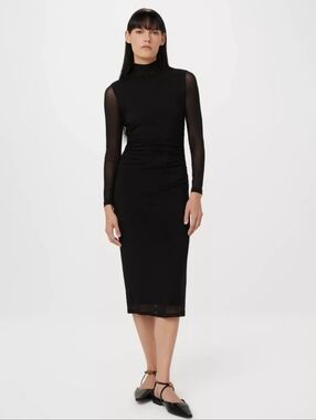 Classic Black Long-Sleeve Sheer-Panel Midi Dress